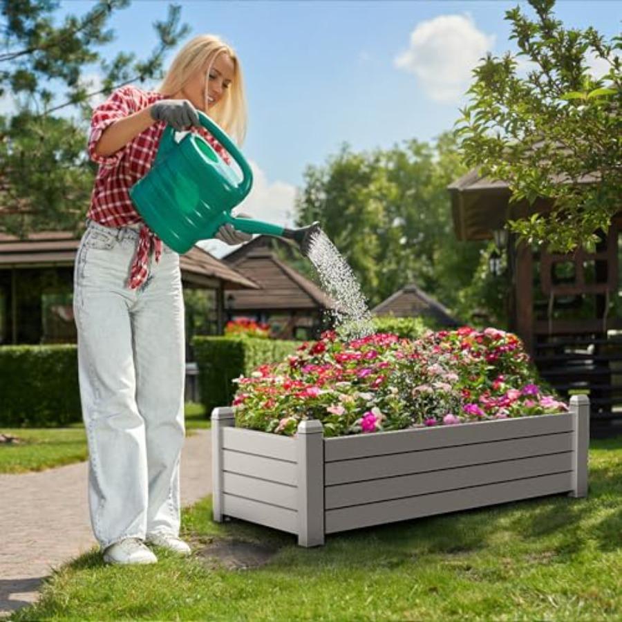 Horticulture Garden Bed Divisible Resin Planter Box for Backyard Patio Balcony with 4 Legs Gray 43.31 X 17.72 X 12.6