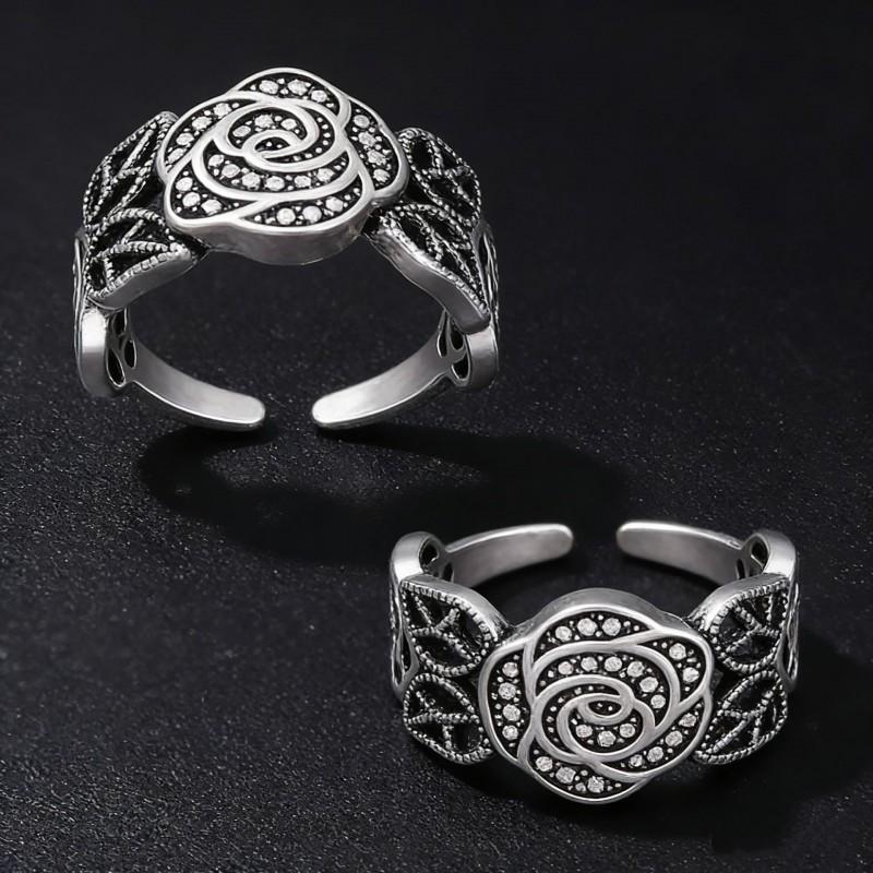Adjustable Vintage Rose Flower Ring Women Men Copper Electroplated Bohemian Style Statement Jewelry