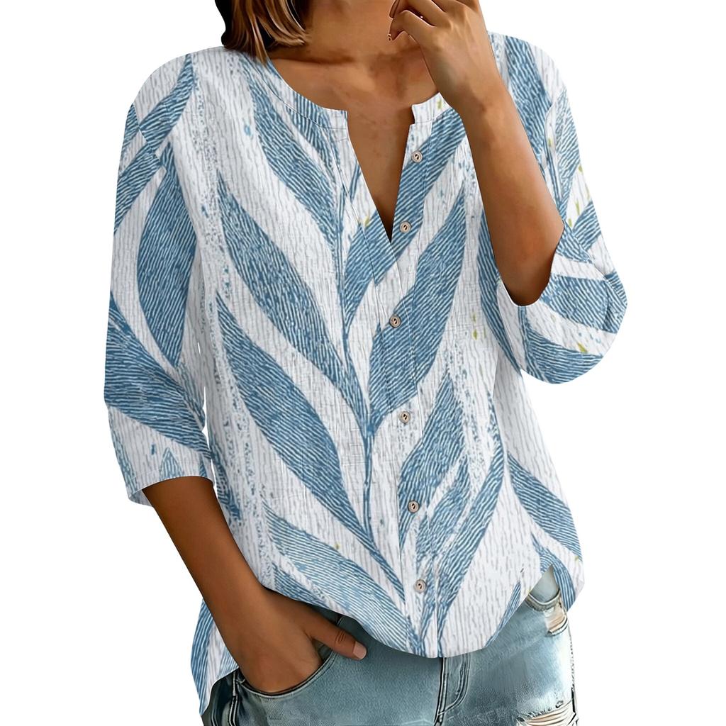 Women Vintage Floral Print Henley Collar Button Down Shirt Three Quarter Sleeve Linen Cotton Blouse Casual Loose Fit Top