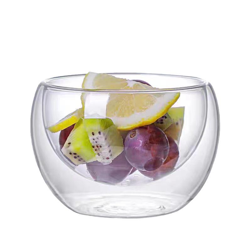 Bol Transparent Double Couche en Verre Borosilicate pour Fruits, Yaourt, Pâtisserie et Salades