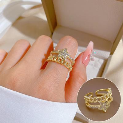 Real Gold Electroplated Open Five-Pointed Star Women'S Fashion Slightly Inlaid Light Luxury Ring Index Finger Ring, The Same Cold Wind