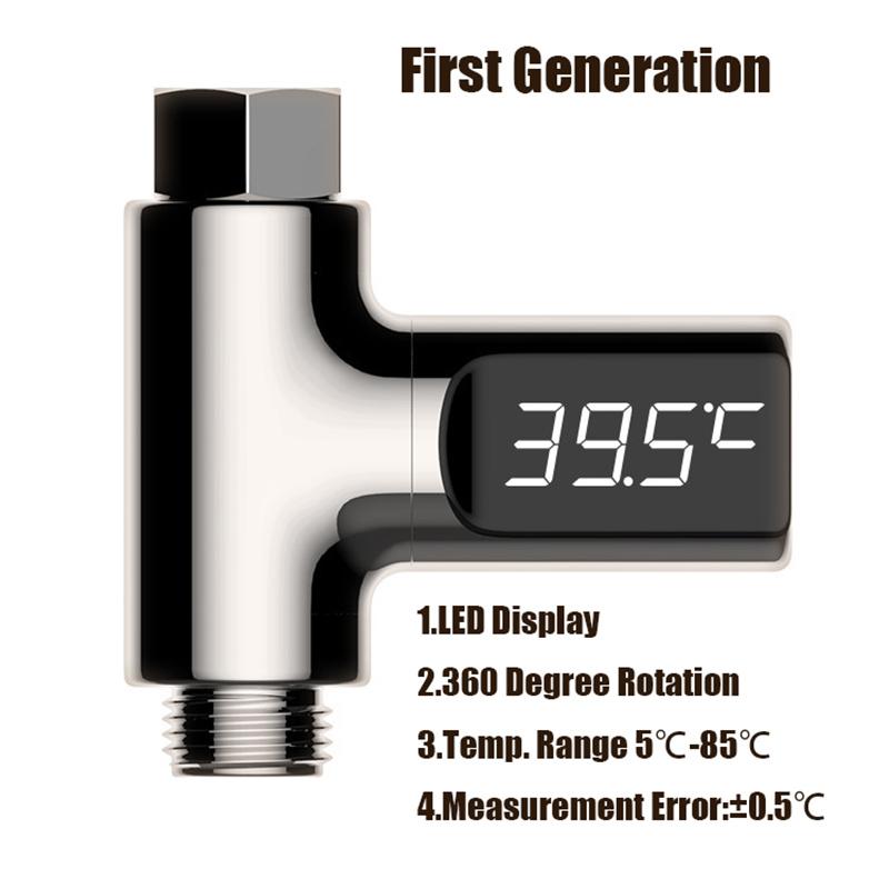 Shower Thermometer LED Display Baby Bath Water Thermometer Meter 360° Rotation Flow Water Self-Generating Temperture Monitor