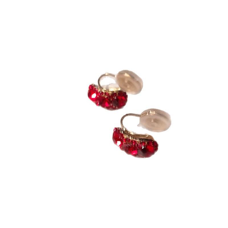 Sterling Silver Red Ear Clip Earrings (No Piercing) - Chinese New Year 2026 Girls' New Style, Light Luxury High-End.