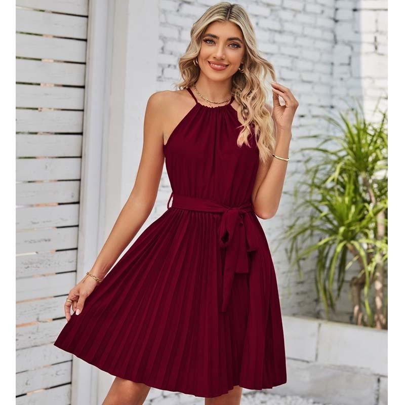 Abito corto senza maniche con scollo all'americana solido moda estiva Abito da festa a pieghe casual Abito estivo sexy con lacci a vita alta 27832
