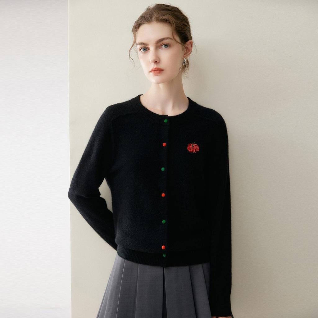 Women's 100% Pure Cashmere Cardigan with Colored Buttons, Round Neck, and Fruit Embroidery.