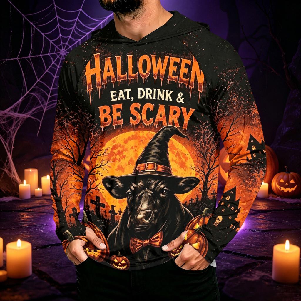 Men's Long Sleeve Hooded Sun Shirt with Halloween Print