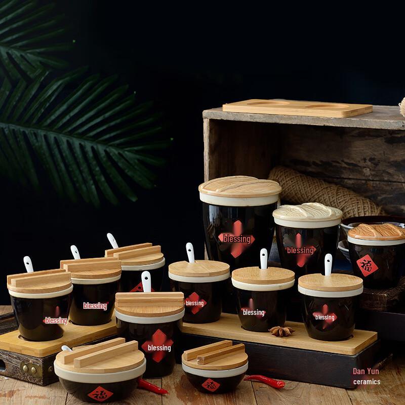 Chinese Style Ceramic Seasoning Jar with Bamboo Lid & Spoon