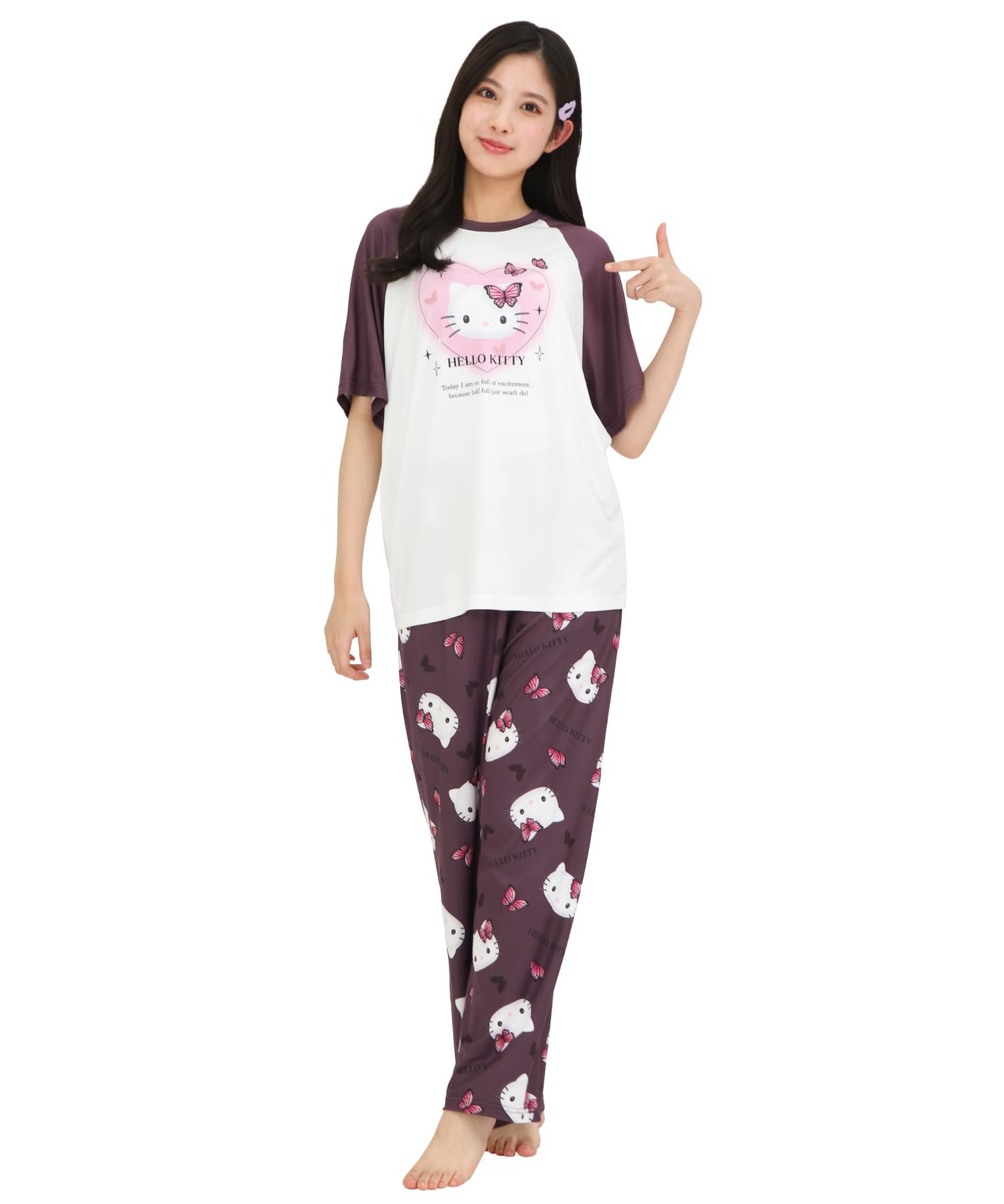 

Пижама-пуловер Hello Kitty Пудра Стрейч Короткий рукав Длинные брюки Комплект верх и низ Домашняя одежда x [SAZAC] Женская (Уголь Уголь/М/SAN1907)