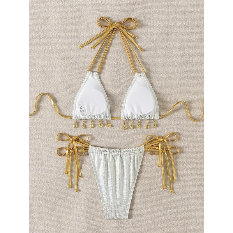 Neuer glänzender Pailletten Neckholder High Leg Cut Bikini Damen Bademode Weiblicher Badeanzug Zweiteiliges Bikini-Set Badegast Badeanzug Schwimmen K5823