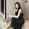 French Retro Temperament Floral Red Polka Dot Suspender Dress New Waist Thin Holiday Style Long Dress Summer
