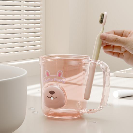 Mouthwash Cup Non-Slip Handle Smooth Round Mouth Transparent Body Rabbit Bear Design Bathroom Cup with Toothbrush Slot