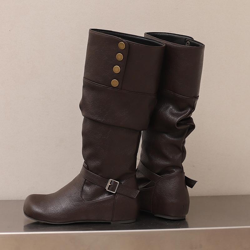 Women's flat-bottomed casual boots autumn and winter new inner height increase solid color large size medium boots