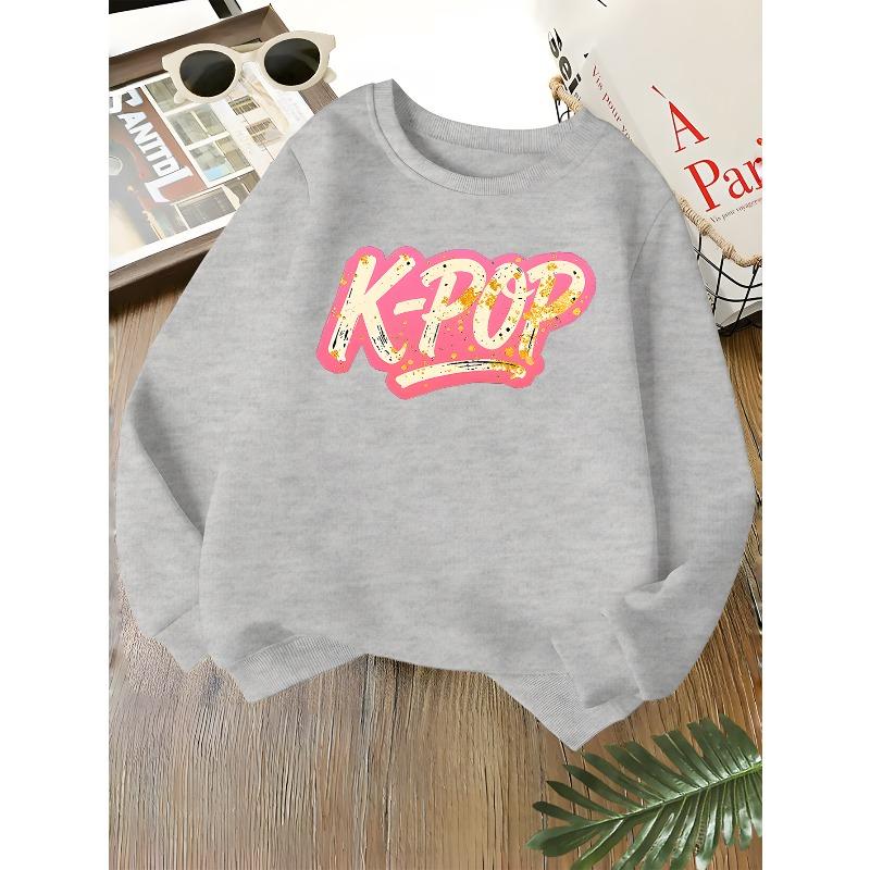 Kids Unisex Crewneck Sweatshirt, Vintage Glitter K-POP Letter Print Long Sleeve Pullover, Soft Fleece Kids Sweatshirt For Boys Girls Over 4 Years Old