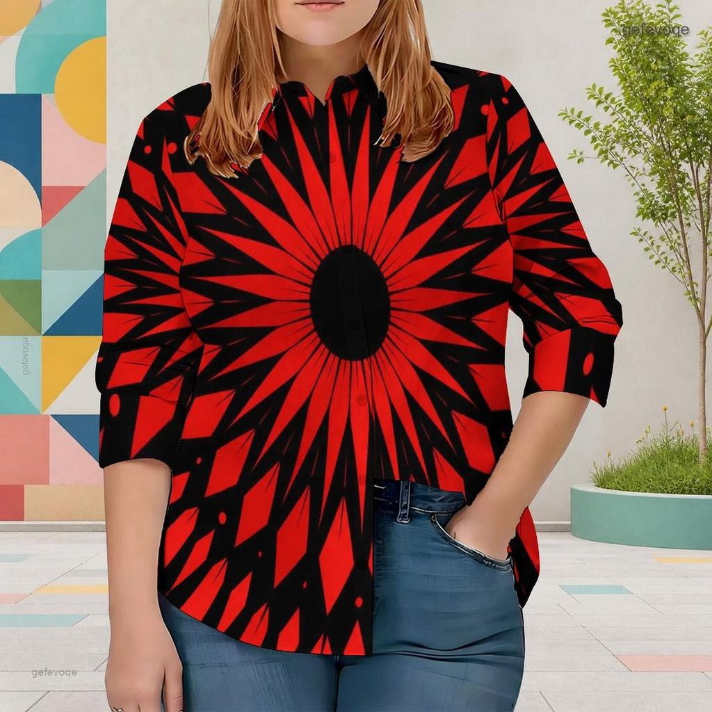 Women Plus Size Collared Long Sleeve Abstract Geometric Printed Button Front Shirt
