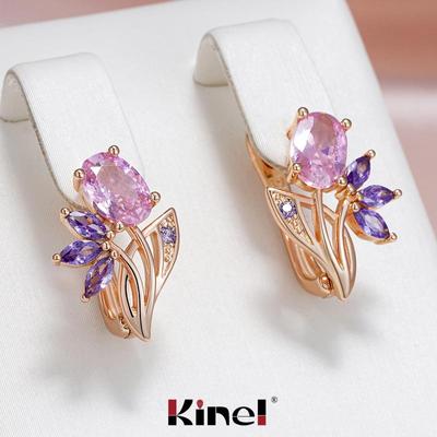 Kinel Purple Zircon Flower Drop Earrings For Women Trendy Jewelry Rose Gold Color Bride Wedding Earrings