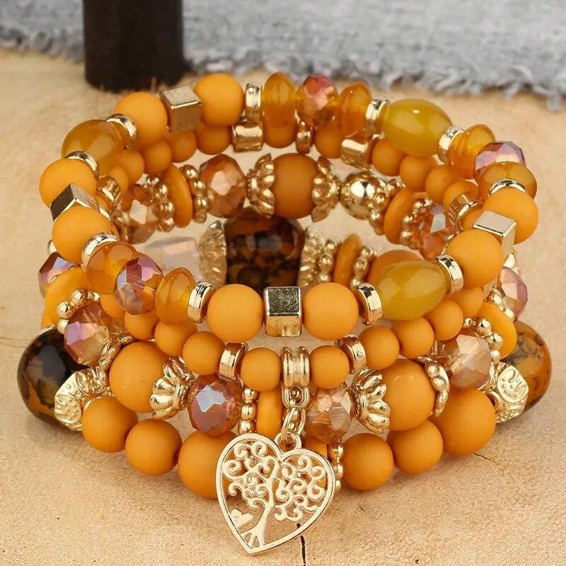 Bohemian Heart Tree Charm Bead Bracelets Set New Statement Multilayered Bracelets Pendant Charm Stretch Bangles Female Jewelry