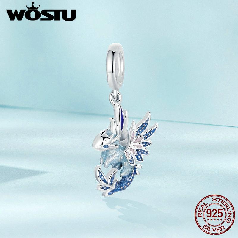 WOSTU 925 Sterling Silver Colorful Enamel Flying Dragon Charms Pendant Fit Original Bracelet Necklace Special Birthday DIY Gift