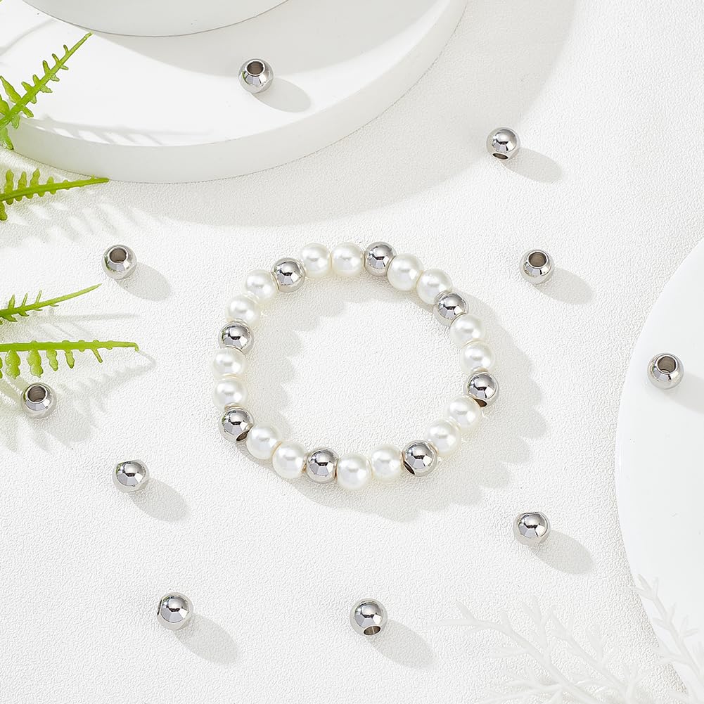 Tarnish Resistant Round 202 Stainless Steel Beads, Stainless Steel Color, 8x6.5mm, Hole: 3.5mm