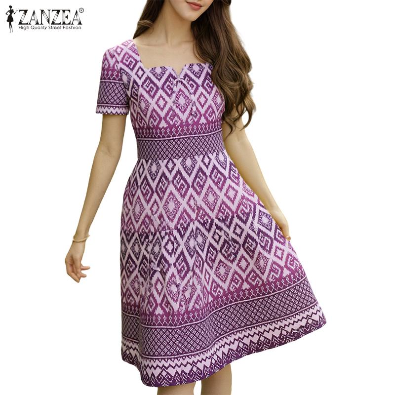 ZANZEA Women Casual Square Neck Short Sleeve Summer Print A-line Dress