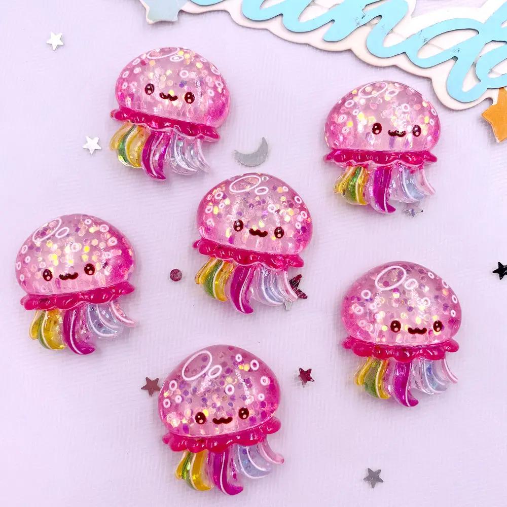 10pcs Glitter Colorful Resin Sea Star Crab Jellyfish Dolphin Ocean Animal Flatback Rhinestone Scrapbook DIY Figurine Decor Craft