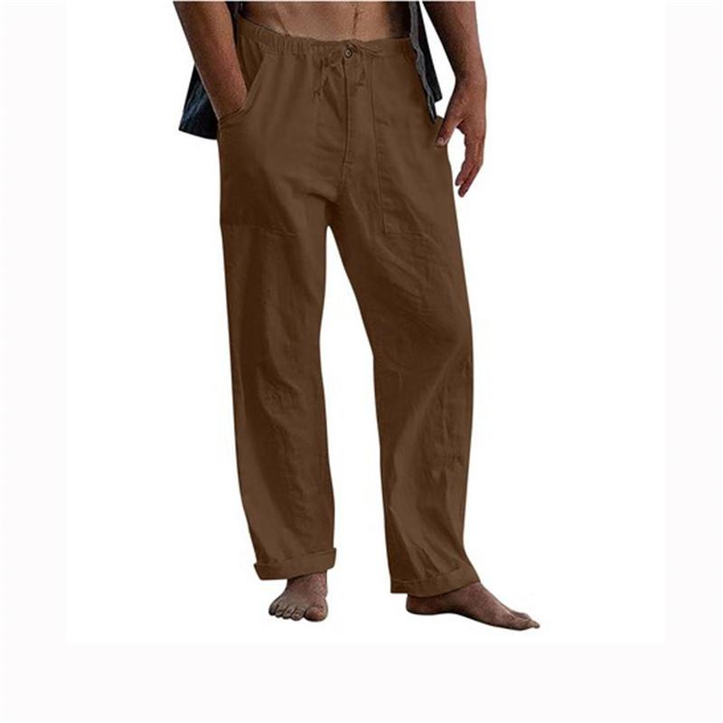 Men's Yoga Drawstring Elasticated Trousers Breathable Comfortable Loose Cotton Linen Pants Summer Beach