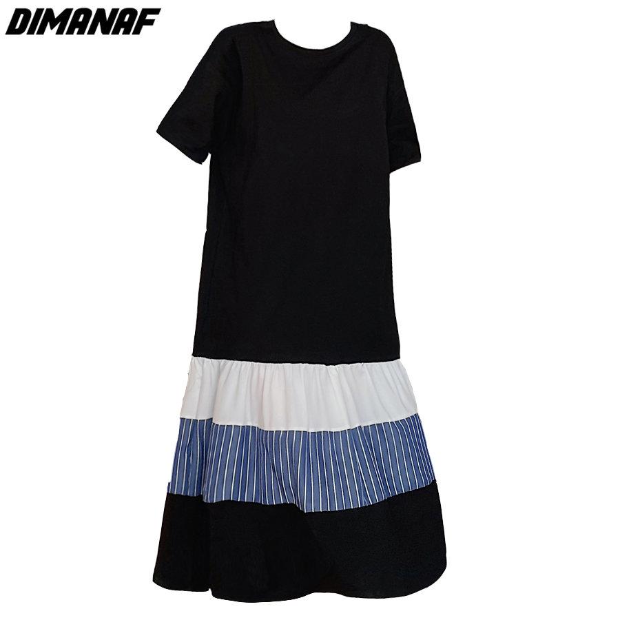 DIMANAF Women 2023 New Summer Style T-Shirt Dress Striped Print Elegant Long Dress Loose Long Dress O-Neck Dresses