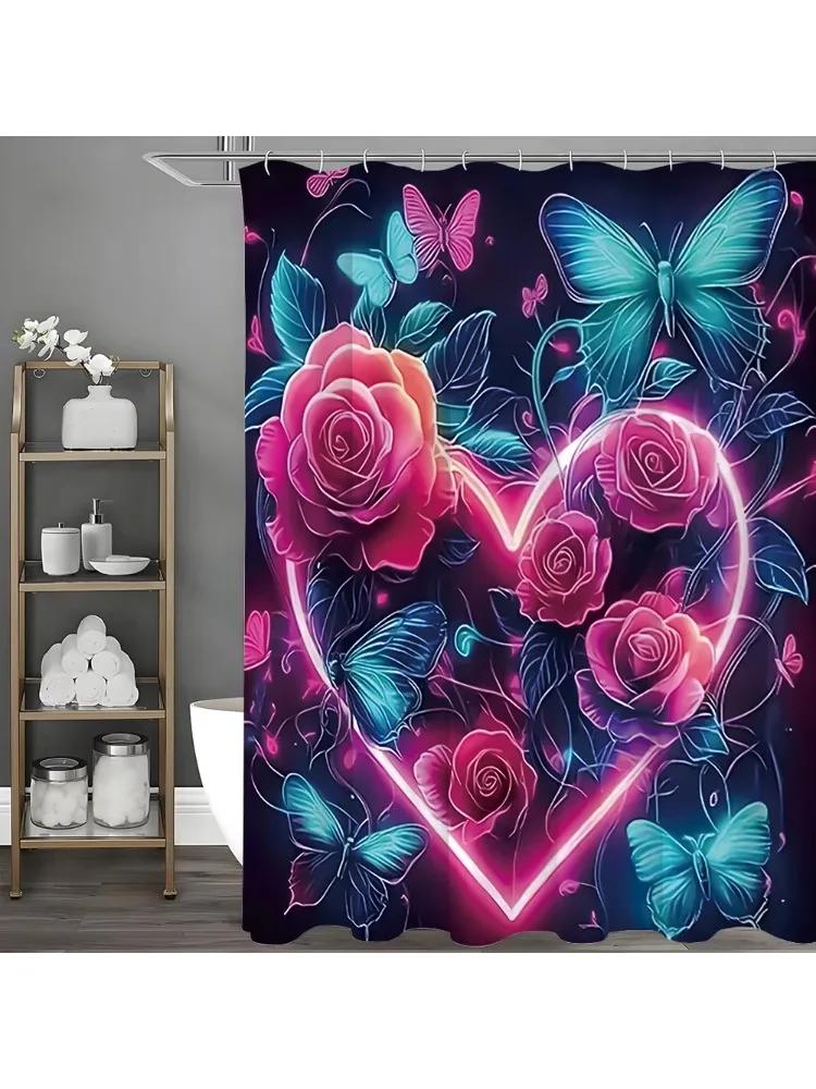 Valentine's Day Love Rose Butterfly Shower Curtain, Bathroom Decorative Shower Curtain, Waterproof Shower Curtain with Hooks