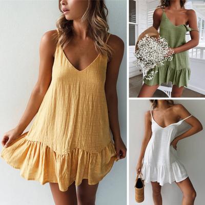 Damenkleid Einfarbig Volantkante Spaghetti-Träger V-Ausschnitt Sommerkleid für Dates