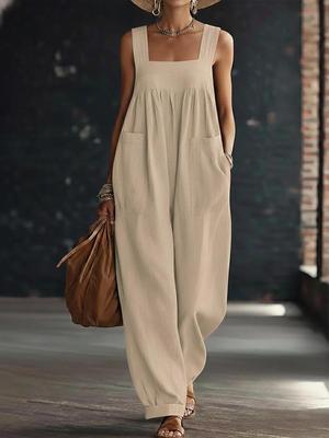 European 2026 Spring/Summer Casual Women's Jumpsuit: Loose, Comfortable, Solid Color with Pockets and Straps