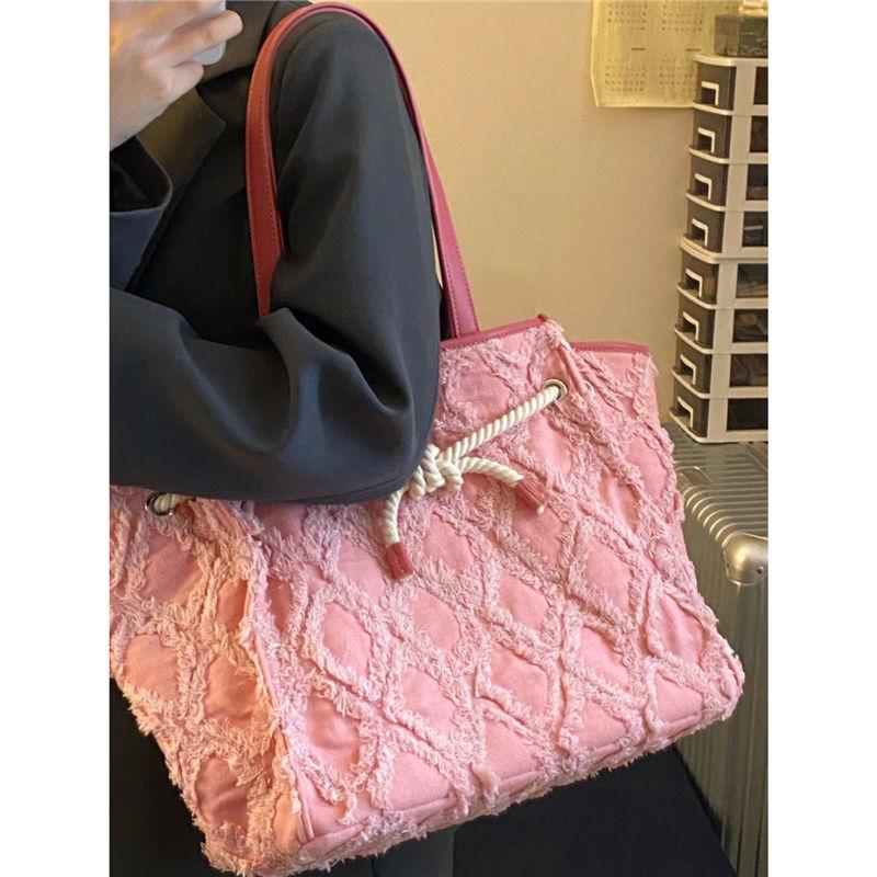 

JIAERDI Sweet Cute Pink Quilted Canvas Tote Bag Women Large Capacity School Commuter Bag Ladies Drawstring Shoulder Bags 2025 35x30x15cm