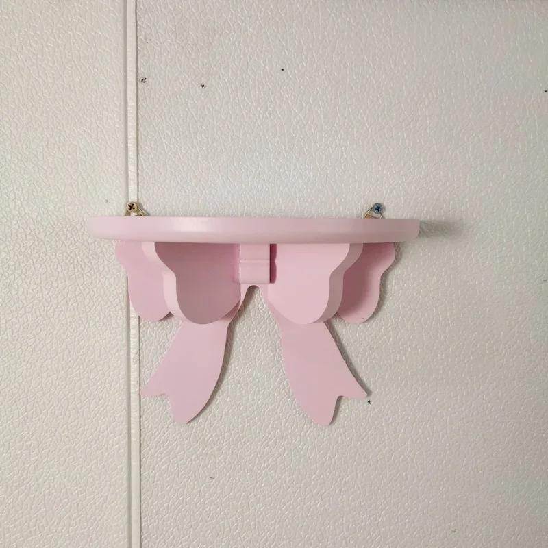 Wooden Decorative Shelves Girls' Room Organizer Holder Pink Wall Shelf Decor Frame Bows Decoration  Wooden Storage Rack