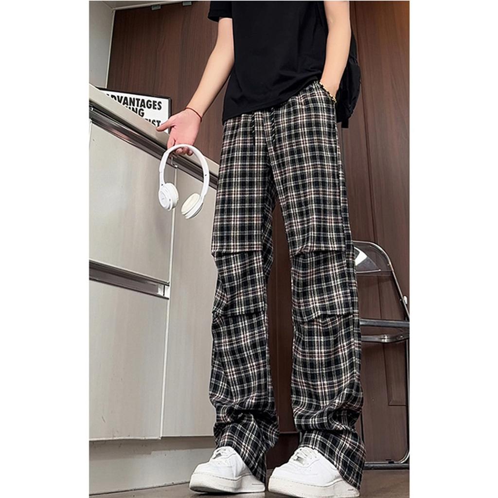 American Retro Red Plaid Pants Men's Summer Pleated Slightly Pulled Overalls Extended Version Tall Straight Casual Pants