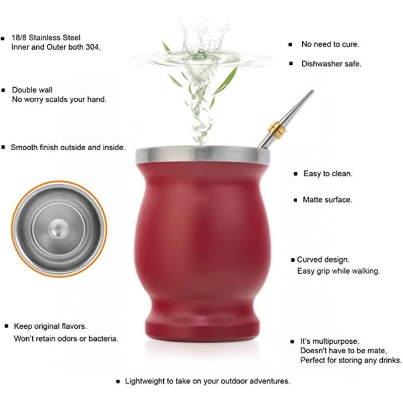 Yerba Mate Gourd Set Double-Wall Stainless Steel Mate Tea Cup and Bombilla Set Includes Yerba Mate Gourd (Cup) With One Bombilla