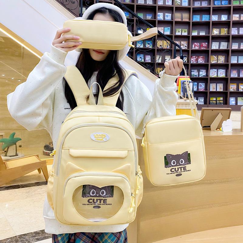 New Student Backpack for Primary and Secondary School Students Three Piece Set Large Capacity Cute Cat Class Backpack