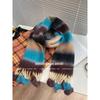 Autumn and winter dopamine striped scarf women's rainbow warm scarf pulling hair versatile fringed hairball scarf