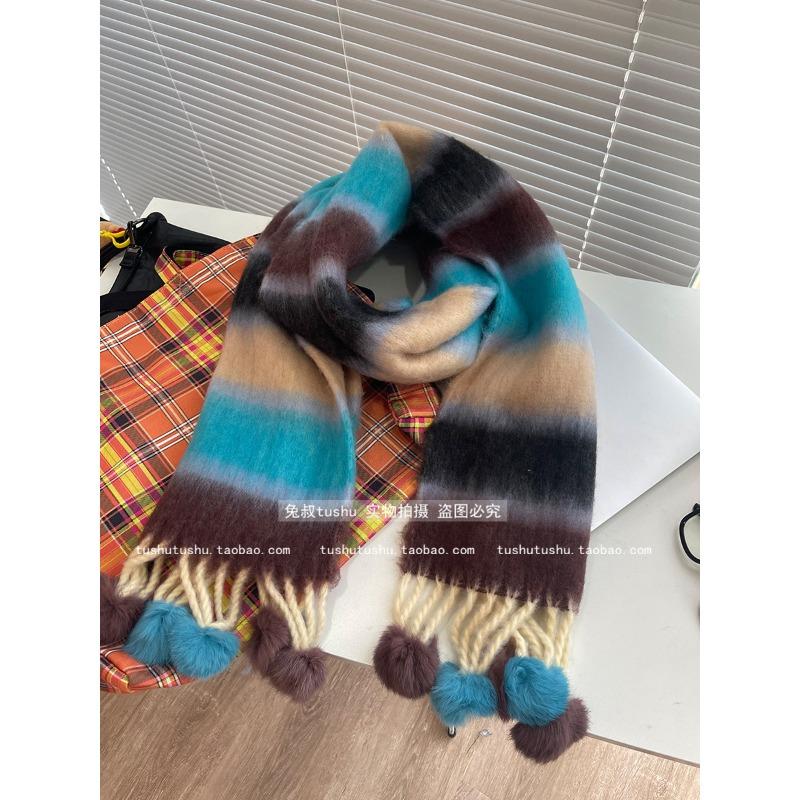 Autumn and winter dopamine striped scarf women's rainbow warm scarf pulling hair versatile fringed hairball scarf
