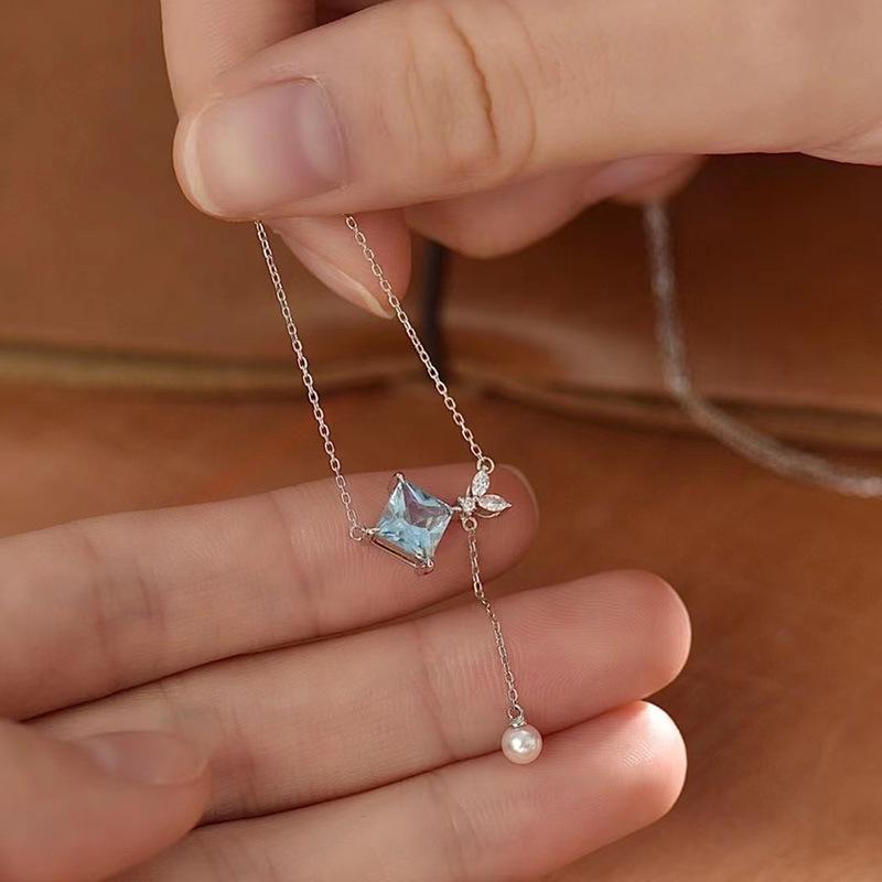 S925 Sterling Silver Rhombus Bow Necklace with Sapphire and Pearl Tassel for Women