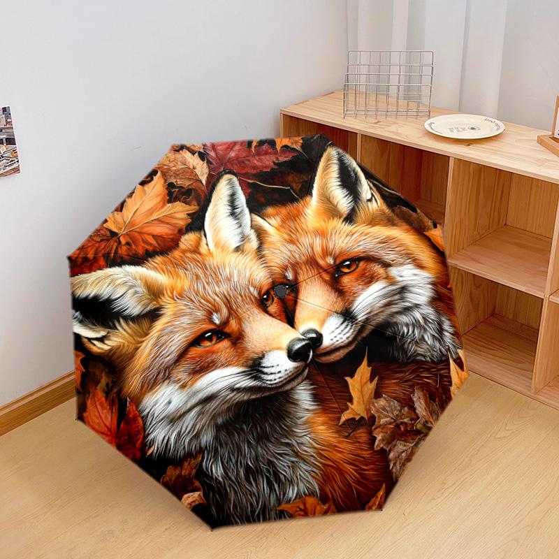 1 Stück Automatischer Faltregenschirm - Herbstfuchs-Muster, Tragbares & Faltbares Design mit 8 Speichen, Weihnachts-Geburtstagsgeschenke