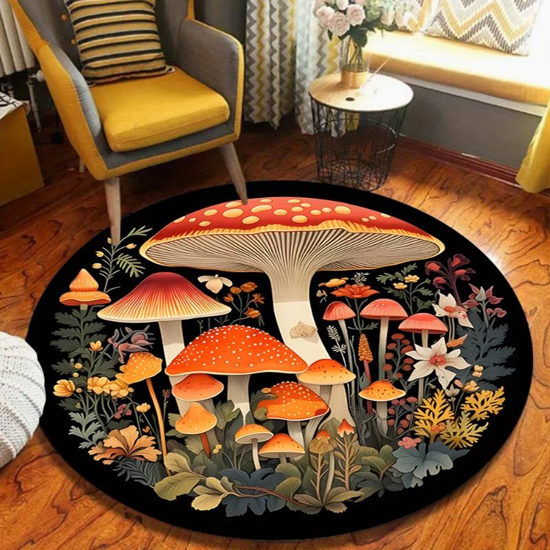 Illustration Style Mushroom Round Rug Mushroom Pattern Home Decor Carpet Soft Non-Slip Floor Mat for Living Room Bedroom