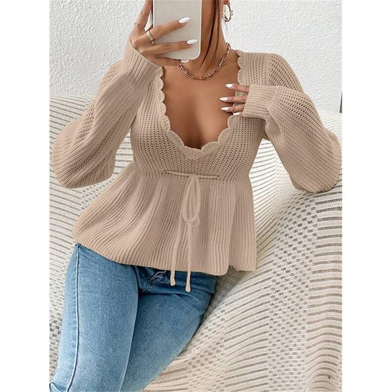 Women's Hollow Out Knitted Sweater Spring Autumn Sexy Deep V Lace Up Pullover Tops Solid Long Sleeve Knitwear Sweater Femme
