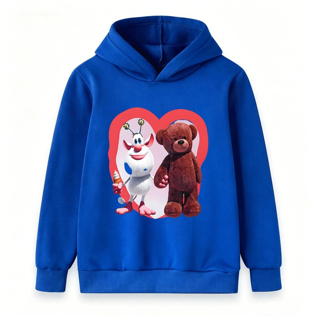 Kids Boys Girls Pullover Hoodie, Cute White Cow with Flower Headband Plush Bear Print Casual Soft Hooded Sweatshirt for Children Daily Wear