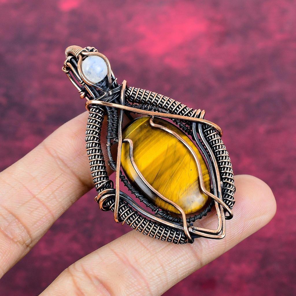 Tiger's Eye Real Gemstone Pendant Copper Wire Wrapped  Rainbow Moonstone Jewelry
