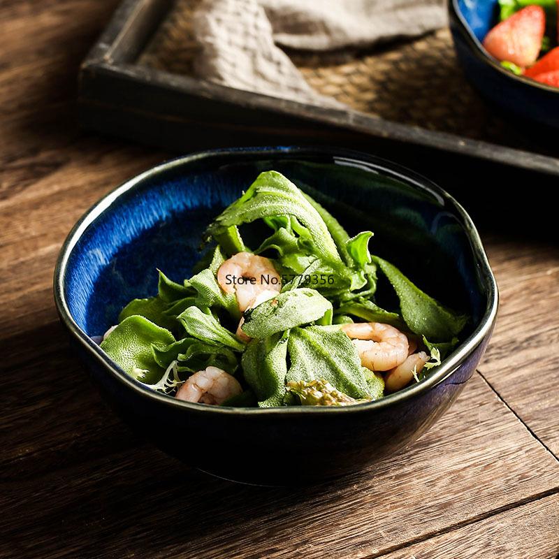 1Pcs Ceramic Salad Bowl Japanese Ceramic Bowl Underglaze Color Soup Noodle Bowl Fruit Dessert Bowl Kiln Big Bowl