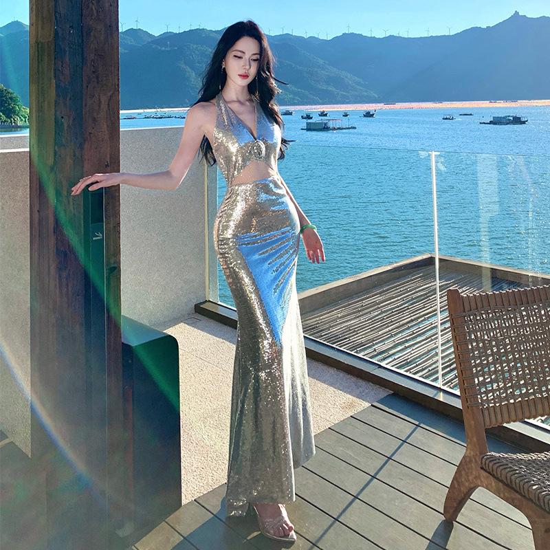 Sequins sexy neck sleeveless dress women's waist and thin high-end evening dress long dress summer