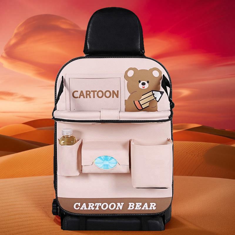 Cartoon Car Seat Back Organizer & Kick Mat with Leather Finish