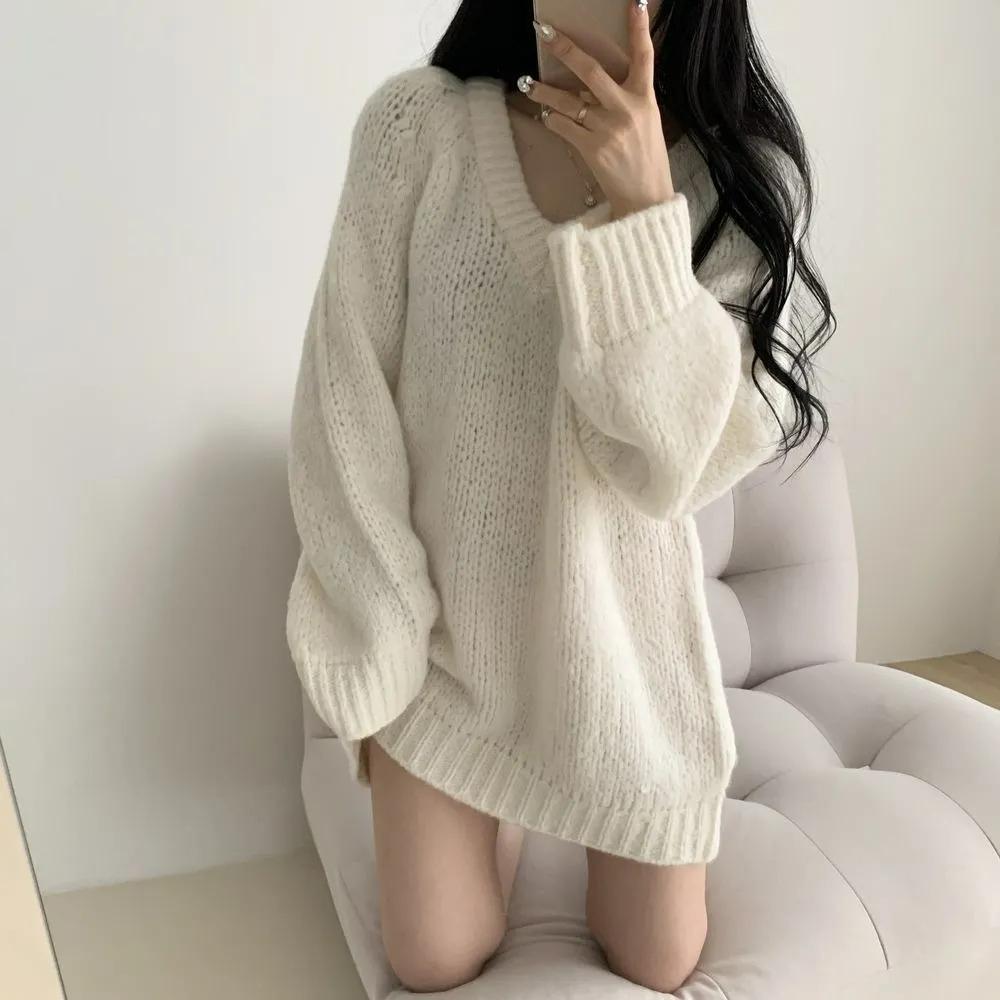 

Женский свитер миди большого размера с V-образным вырезом в стиле ленивый ветер, свободный к низу, верхняя одежда, свитер для полных женщин, лето XXXXXL белый