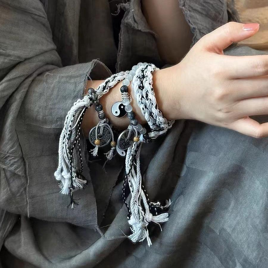 Handmade Braided Bracelets for Women Men Chinese Style Charm Double Layer Stackable Bead String Bracelets Adjustable Jewellery