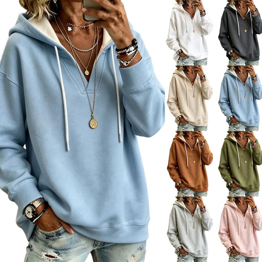 Women's Casual V-Neck Hoodie Color Pullover