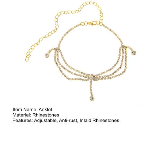 Yousheng 1Pc Charm Anklet Tassel Inlaid Rhinestones Multi-layer Extended Chain Adjustable Decorate Anti-rust Women Summer Beach Foot Chain Women