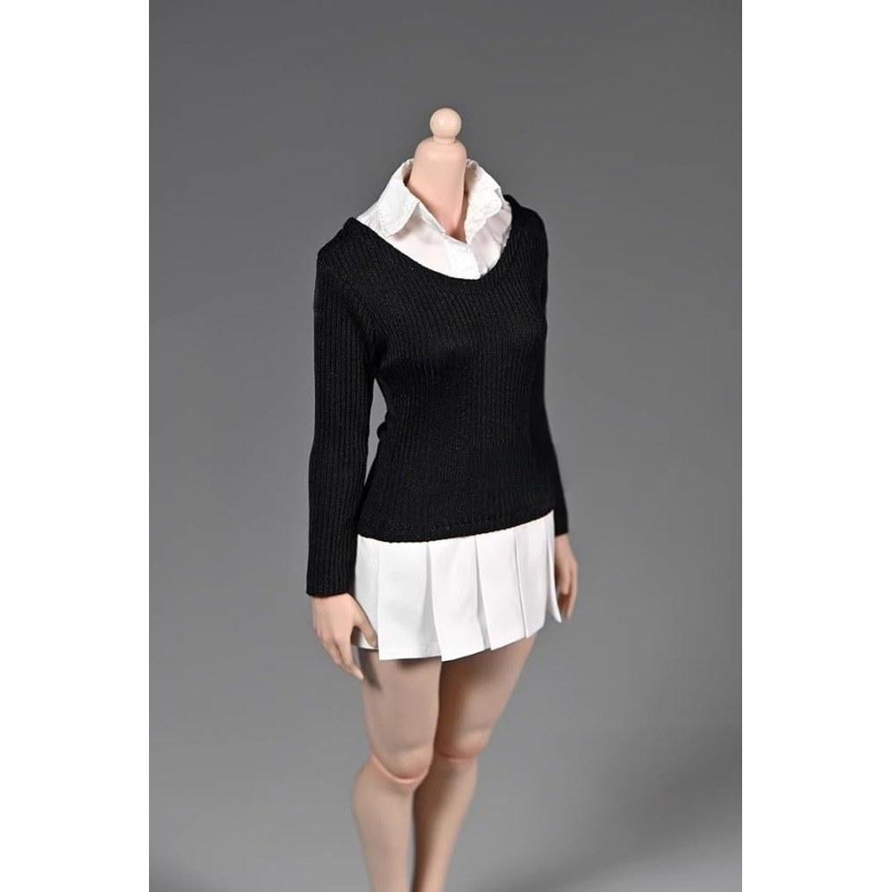 TOYBARJAPAN 1/6 Scale Action Figure Accessory Office Lady College Girl Style Knit Long Sleeve Shirt and Pleated Skirt Dress Black (Body and Head Not
